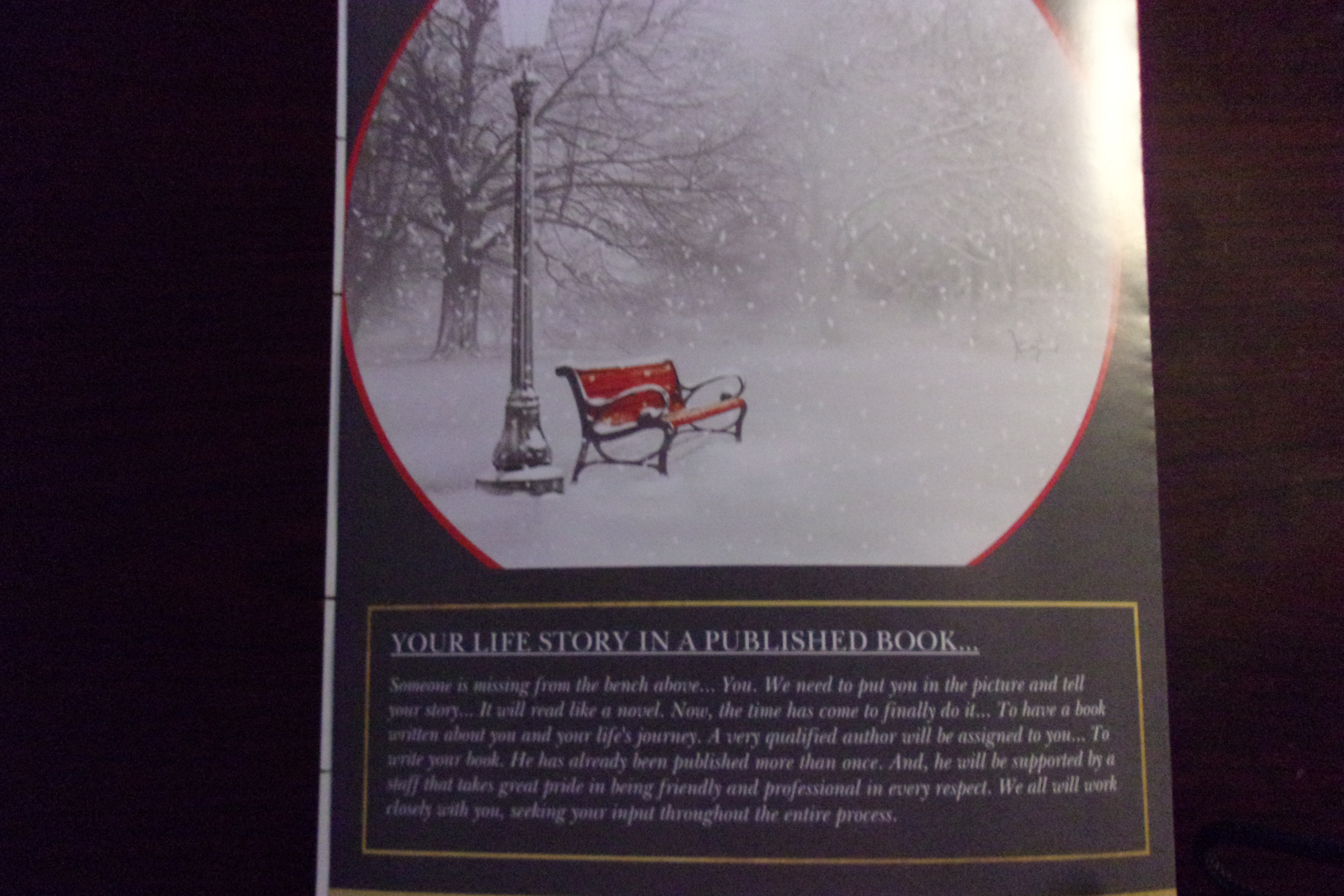 A red park bench and a vintage lamp post stand alone in a quiet park blanketed with fresh snow, soft flakes still falling through the cold winter air. Footprints lead away from the bench and fade into the distance, suggesting someone who has gone—or someone who has yet to arrive. Muted trees and a pale, overcast sky frame the scene, creating a sense of longing, memory, and an unwritten story waiting to be told.