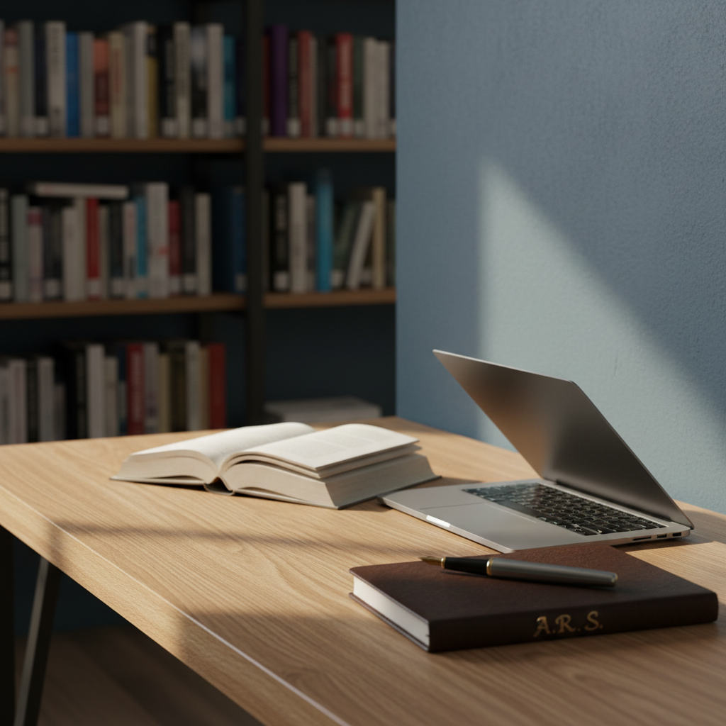 A pristine wooden writing desk set against a softly textured, slate-gray wall, topped with an open hardback book whose pages fan gently, a sleek laptop half-closed, and a leather-bound notebook embossed with elegant initials. A classic metal fountain pen rests across the notebook, its nib catching the light. Soft morning light filters in from an unseen side window, creating long, calm shadows and a quiet glow across the desk’s grain. In the background, a blurred bookshelf lined with varied spines suggests a curated catalog of titles. Photographic realism, eye-level composition with shallow depth of field, clean and modern mood, evoking a professional author’s workspace and inviting exploration of books and performances.