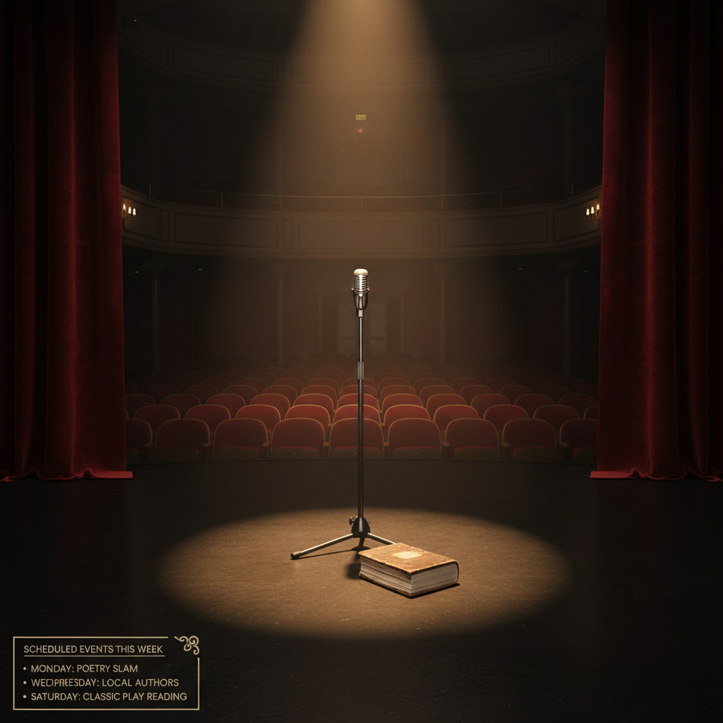 A polished black stage floor stretching into a dimly lit theatre, with a single microphone stand and a closed, well-worn book resting at its base, pages slightly ruffled as if just read aloud. Heavy, deep-red curtains frame the scene, softly illuminated by a warm spotlight from above that pools on the mic and book, leaving the empty seats in the background in gentle darkness. Subtle haze in the air catches the light, adding depth and drama. Photographic realism, centered composition, low-angle perspective to enhance the sense of performance. The atmosphere feels intimate and professional, suggesting upcoming readings, performances, and a clear schedule of events.