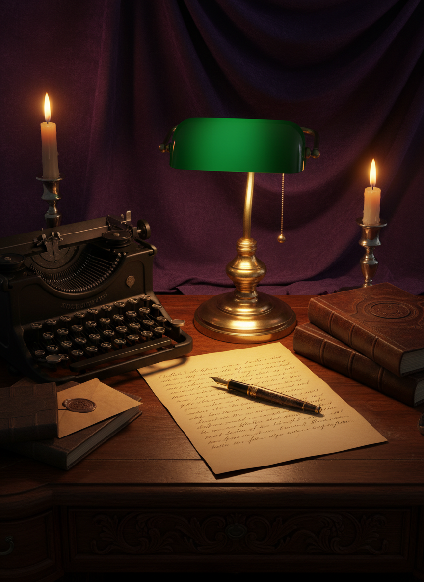 Antique writing desk with a fountain pen, aged paper and an old typewriter under warm lamplight