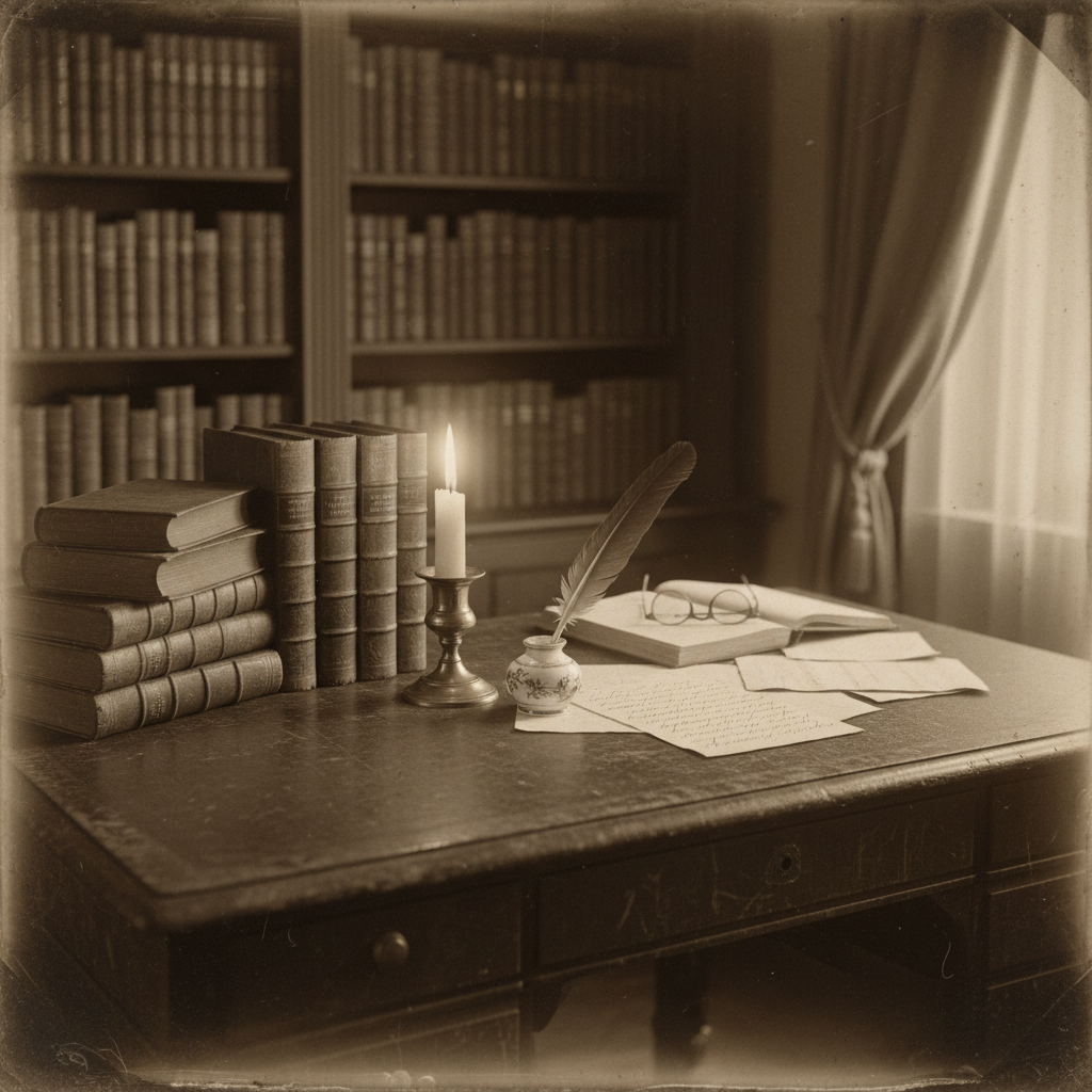 A traditional, antique-feeling photograph of a classic author's writing space. A beautifully aged wooden desk with a quill pen and inkwell, a flickering candle, and stacked leather-bound books. Warm, golden candlelight illuminates the scene. Rich mahogany tones, antique textures, timeless and literary atmosphere.
