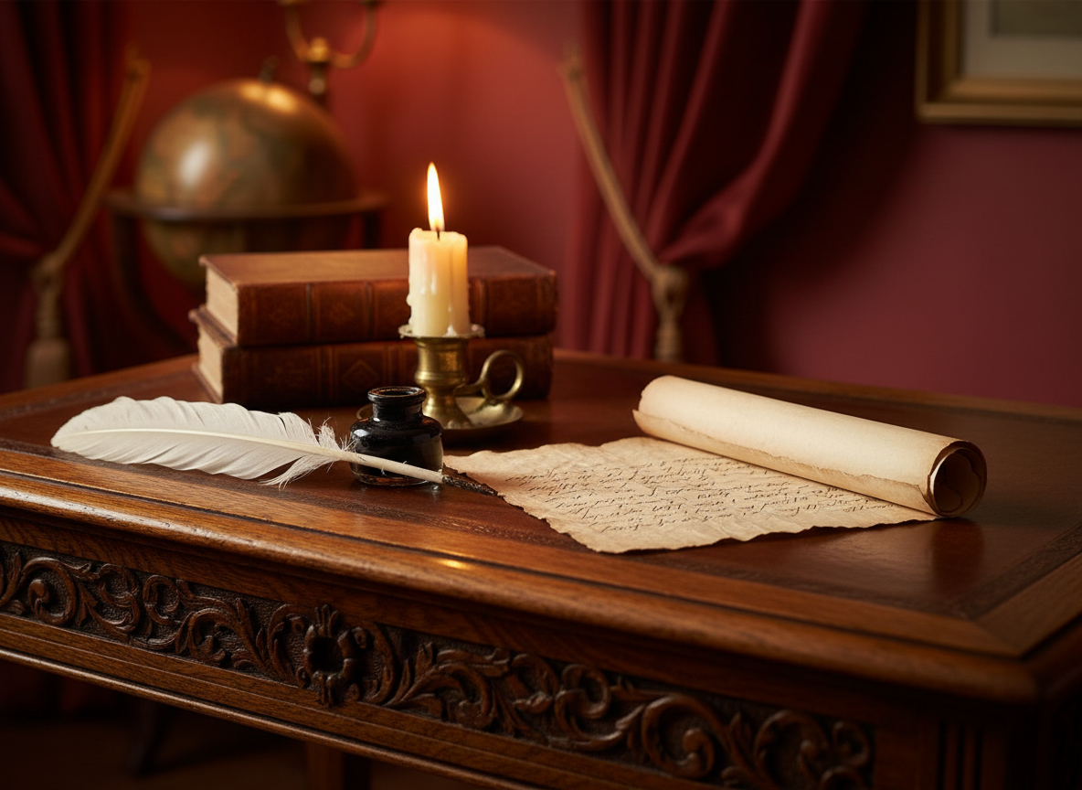 An antique writing desk with a quill pen, ink pot, old parchment letter, and a candle flickering softly. Warm golden light, rich wood tones, traditional and timeless feel. No people.