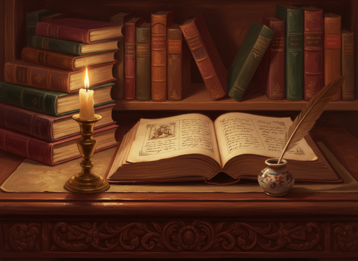 A classic, traditional open book on an antique wooden desk, warm candlelight glowing, aged parchment pages, a quill pen resting nearby, leather-bound books stacked in the background, rich dark warm tones, timeless and elegant, no modern elements, painterly feel