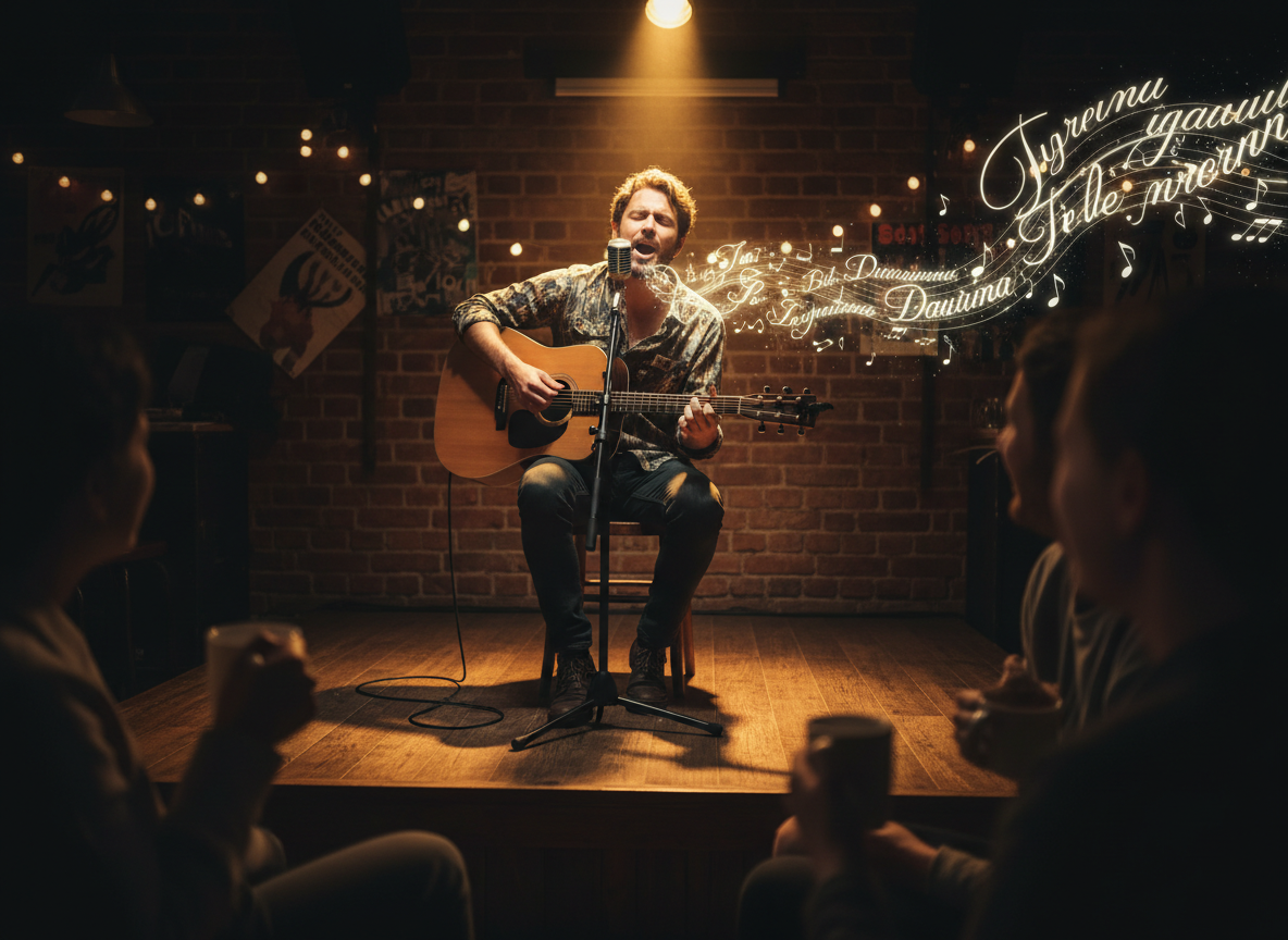 Poet performing with guitar