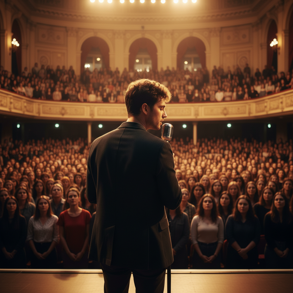 A packed university auditorium with every seat filled and people standing along the walls, viewed from near the stage. In the foreground, a figure with dark brown hair, slightly turned with their back to the camera, face just barely visible in profile — as if they are the poet/performer addressing the crowd. The audience is engaged and attentive, a sea of faces. Warm stage lighting, dramatic atmosphere, cinematic feel.