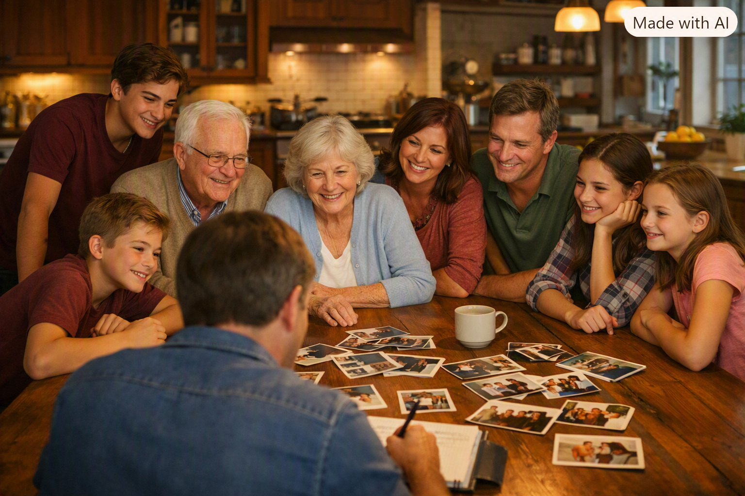 Family gathered around a kitchen table looking at photos