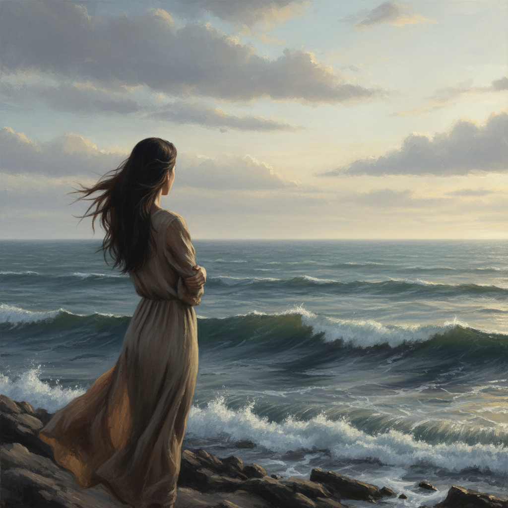 A woman standing at the edge of the sea, looking out toward the horizon. She is seen from behind, hair gently blowing in the wind. The ocean is vast and atmospheric, with soft natural light — evocative, poetic, and contemplative in mood. Painterly or fine-art photographic style.