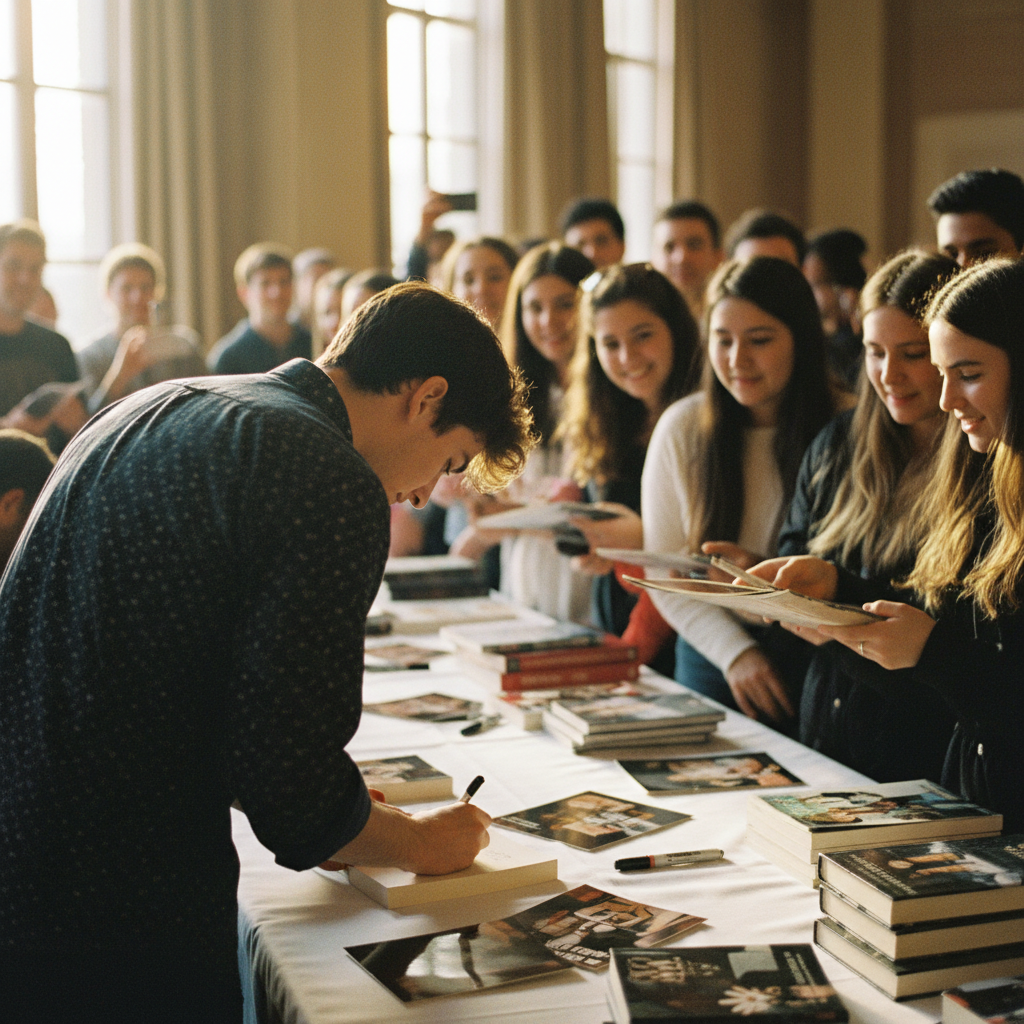 A young man signing autographs at an event, his back to the camera, facing his audience. He is leaning forward over a table signing books or photos. Fans and audience members are visible in front of him, watching him sign. Warm, natural lighting, candid documentary style photo.