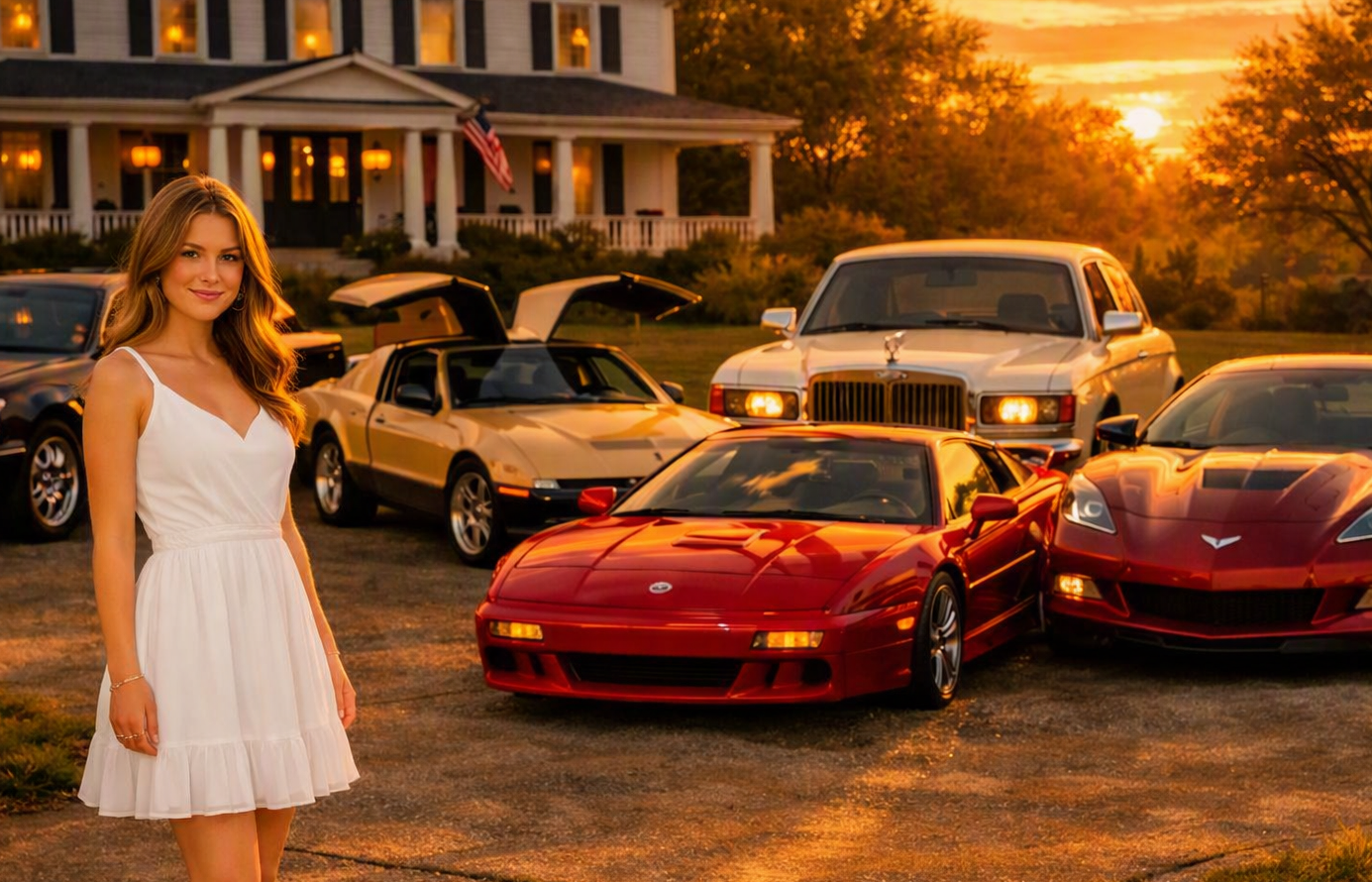 Woman in elegant dress with luxury cars at sunset